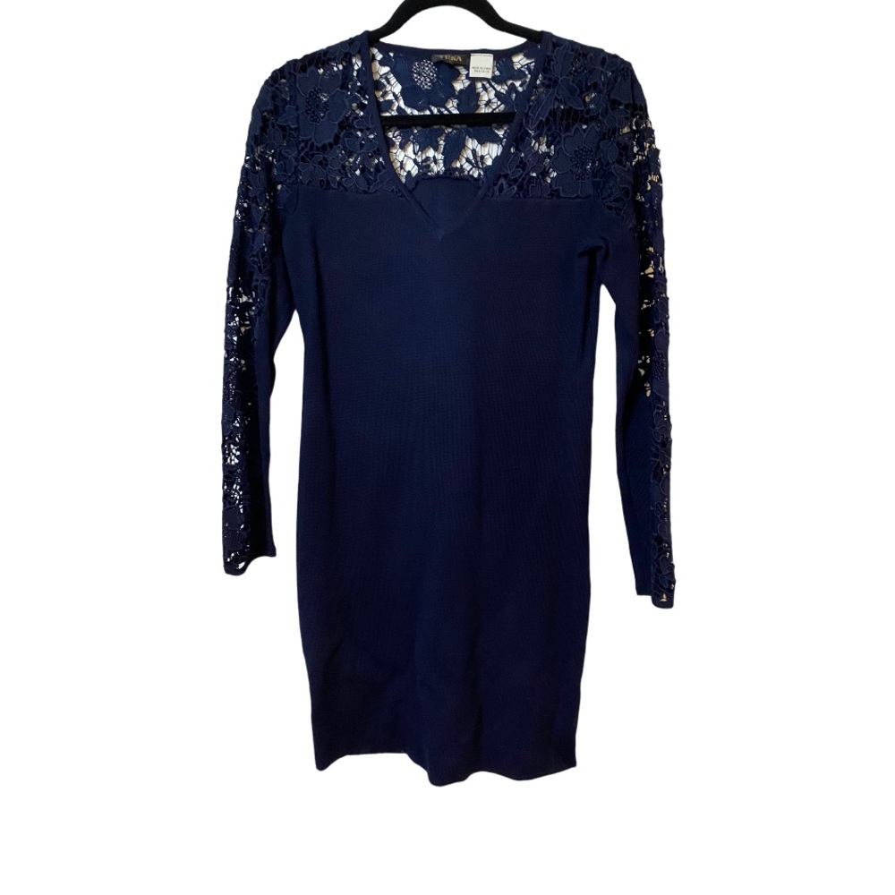 Yuka Paris stunning navy blue dress with lace sleeves and shoulders neck size M